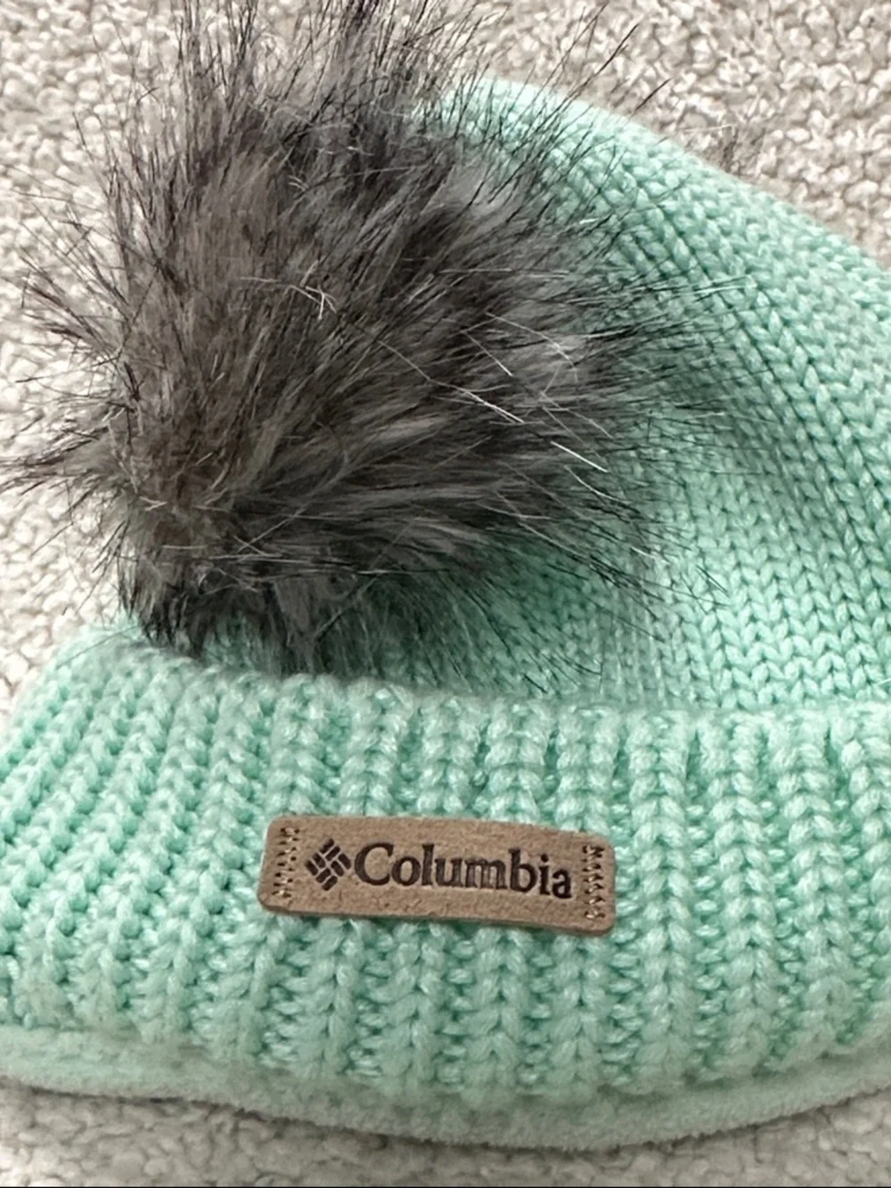 Columbia Mint Green Knit Beanie with Double Faux Fur Pompoms Youth One Size